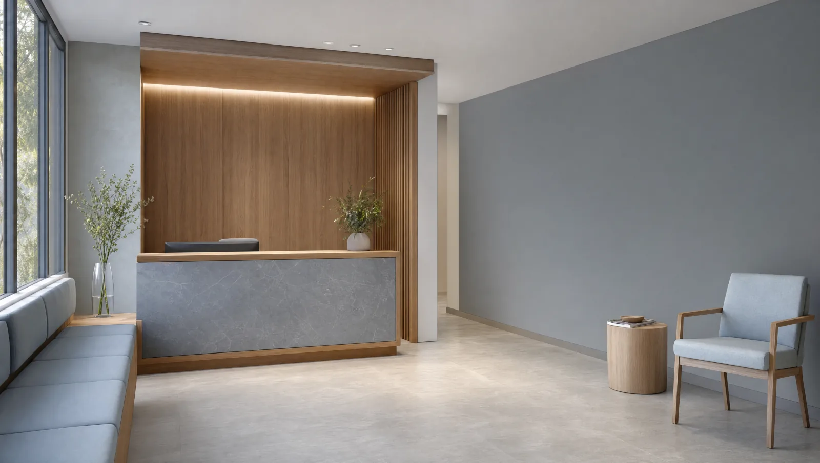 Modern clinic reception interior — the environment our marketing service fills with patients