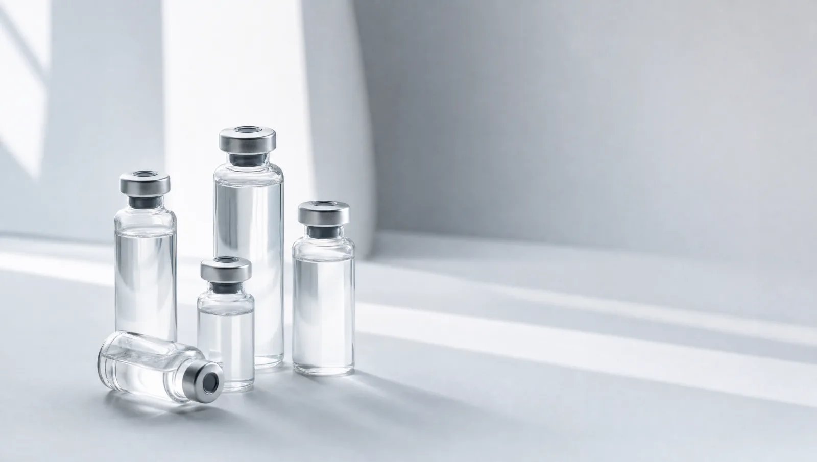 Clinical-grade peptide vials in soft natural light — the sourcing service catalog