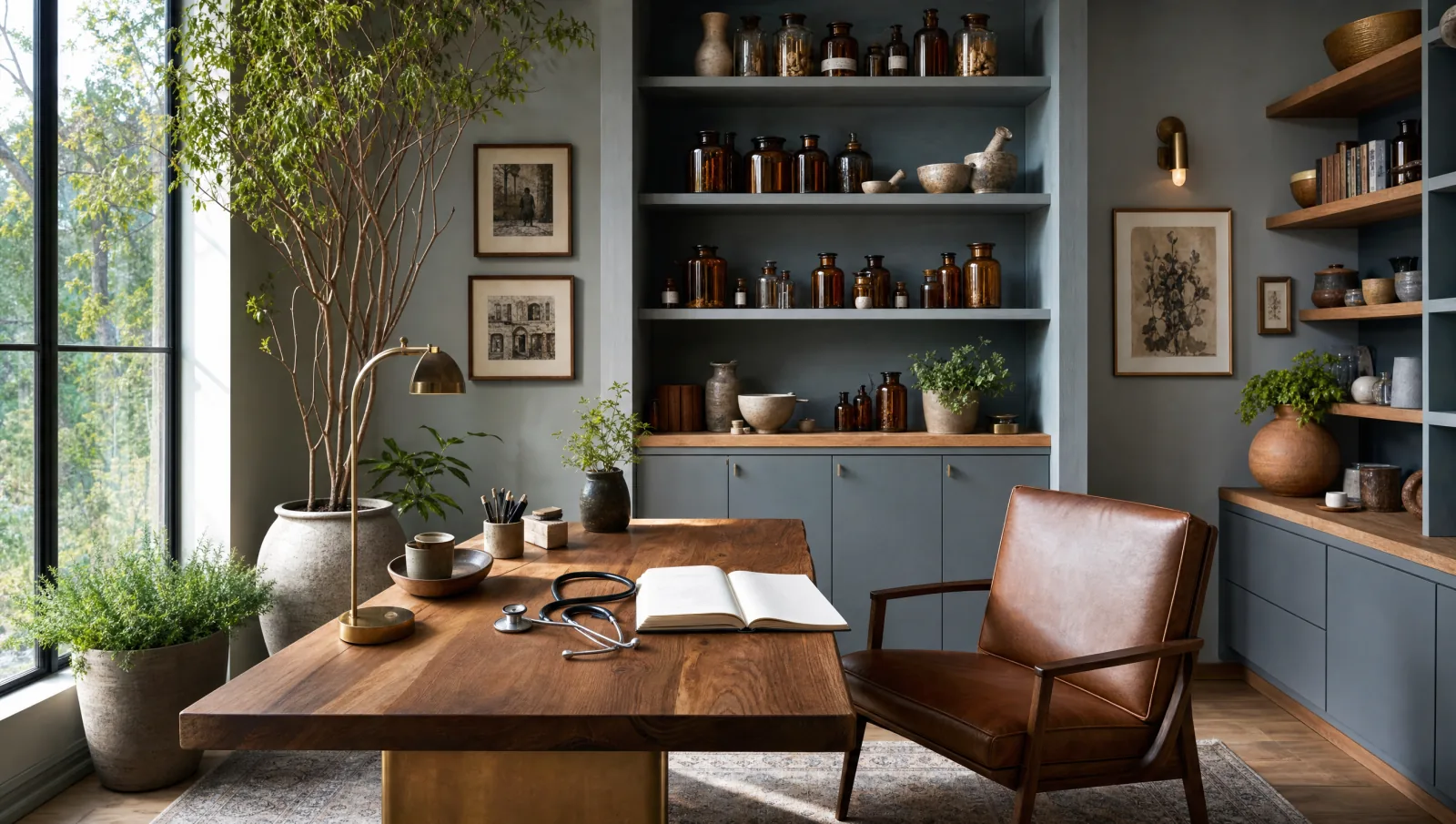 Integrative consultation room in soft daylight — the clinical setting a Revival-built telehealth program connects to patients across state lines