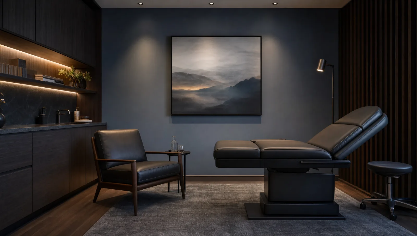 Refined men's-health clinic interior — the operating environment Revival's onboarding stands up